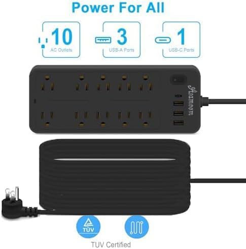 20 FT Power Strips with Surge Protection 1625W/13A, 10 Outlets with 4 USB Ports (1 USB C) Long Extension Cord with Multiple Outlets 14-in-1 1700J 16Awg Flat Plug Power Strip Protector Black ETL Listed