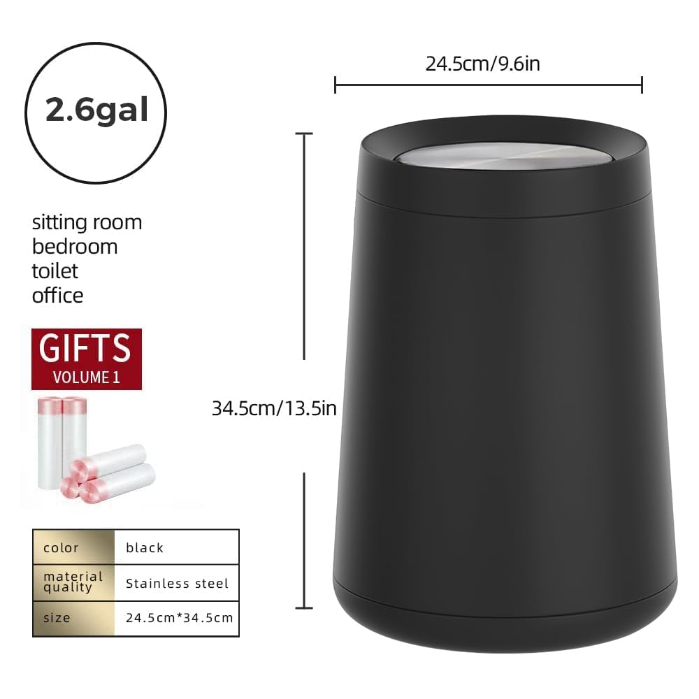 10 L/2.6 Gallon,Matte Black Bathroom Trash Can,Metal Garbage Can with Flipping Lid,for Bathroom, Living Room,Bedroom,Hotel,Office, Laundry Room (Black)