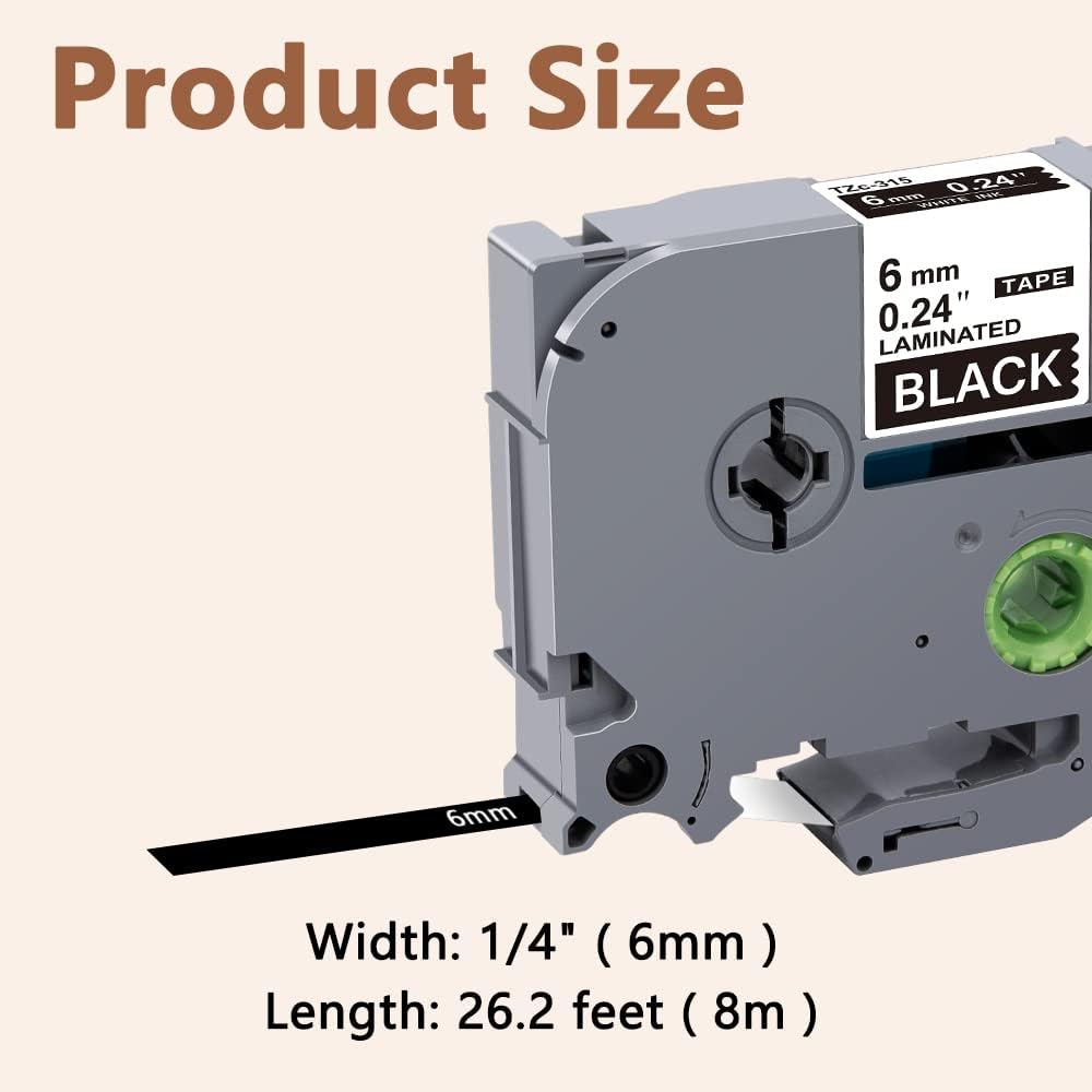 Hehua Tape Tze Tz 6mm 0.23 Laminated Black Compatible for Brother P-Touch TZe-315 TZe315 TZ-315 TZ315 Tape for Ptouch PT D200 D210 D220 D610 H110, 1/4'' x 26.2ft White on Black, 3 Pack