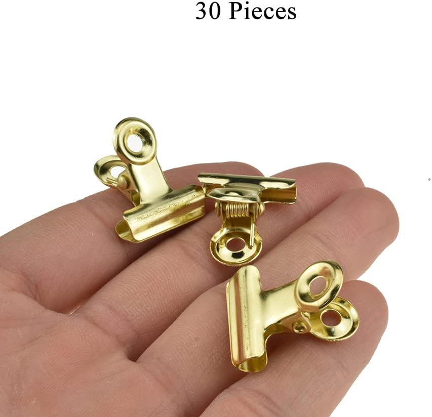 HAHIYO 0.87inch Light Gold Bulldog Clips Metal File Hinge Binder Clips Clamps Save Space Strong Spring Jaws Rock Solid Grip Book Lay Flat Deburred Edge for Hang Photos Wall Grid Dog Food 30PCS