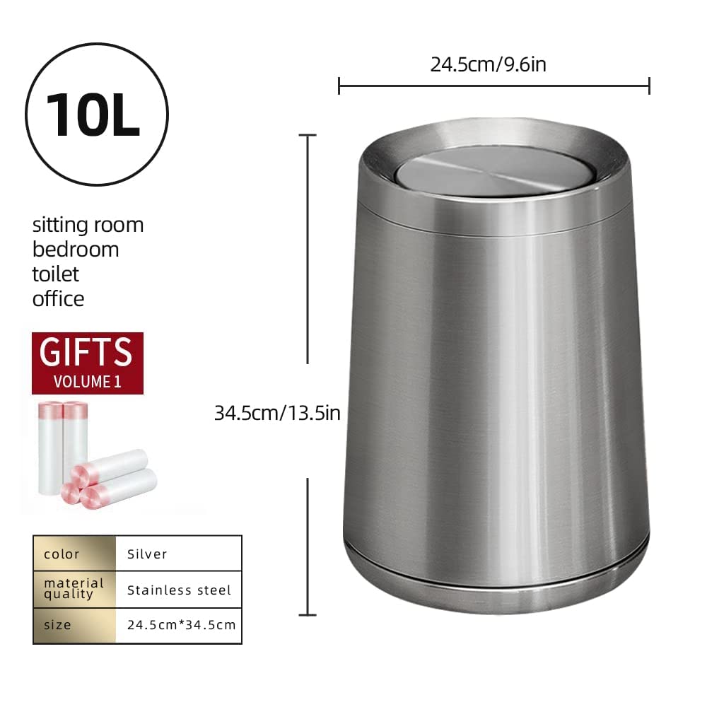 2.6Gallen Brushed Nickel Bathroom Trash Can with Lid, Stainless Steel Garbage Can with Flipping Lid,for Bathroom, Kitchen,Living Room,Bedroom,Hotel (Silver)