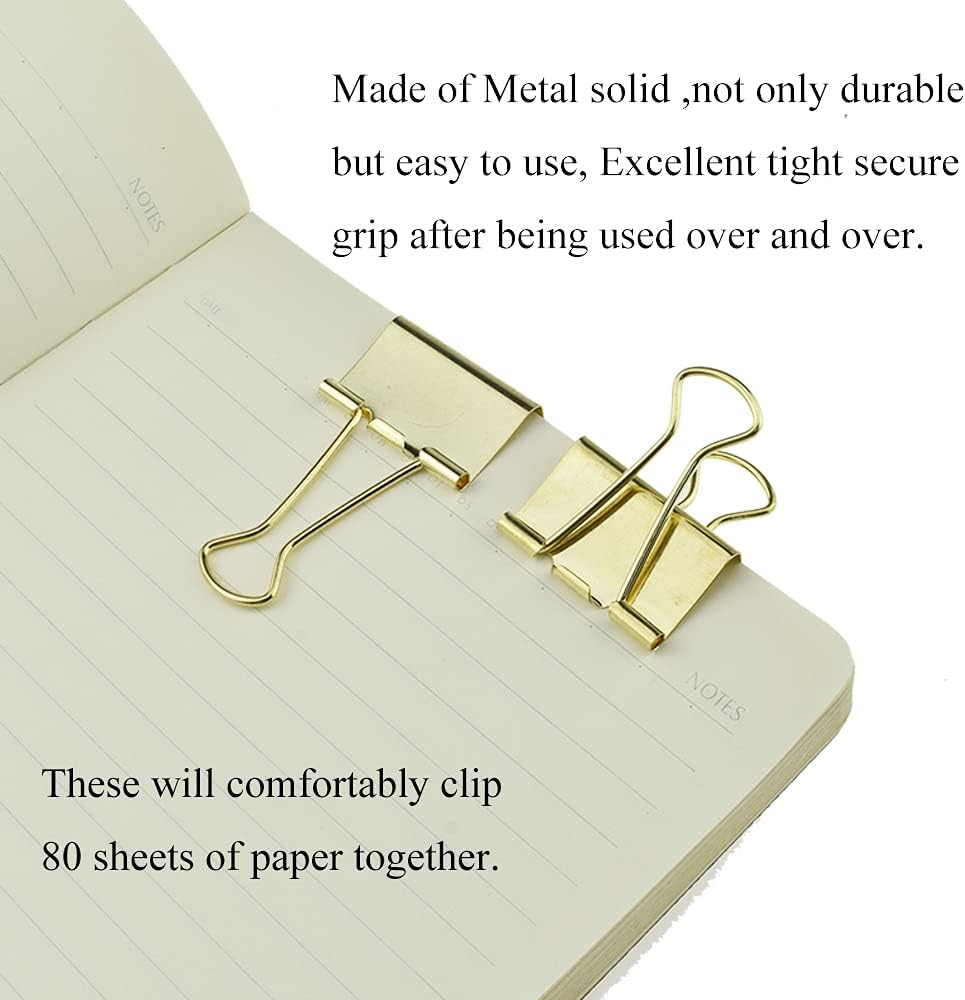 HAHIYO Binder Clips Paper Clamps Spring Steel Sturdy Medium 1.26 inches Width 0.39 Inch Capacity No Sharp Edges Heavy Duty Tight Grip Reusable Gold Metal Bright Finish for Home Office School 13 Pack