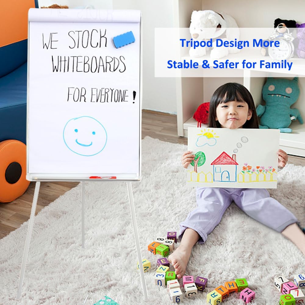 40"x28" Magnetic Dry Erase Board Easel Stand - Adjustable Height Tripod Whiteboard | Includes Flipchart Pad, 6 Magnets & Eraser | Portable Presentation Board for Office, School,White Frame