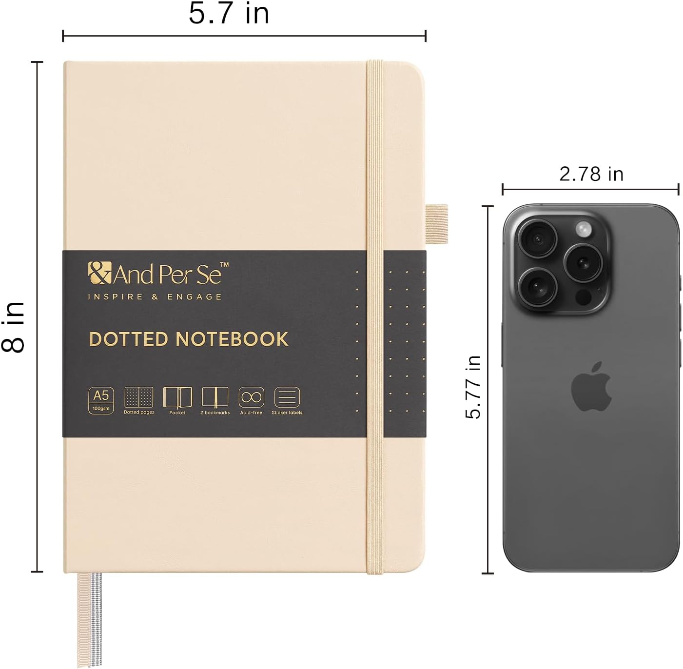 &And Per Se Dotted Journal Notebook, A5 Hardcover Leather Bullet Dotted Journal, 160 Pages 100 gsm Thick Dotted Paper,3 Stickers Included for Women Men, Work Office or School - 5.7'' x 8.3'' (Light