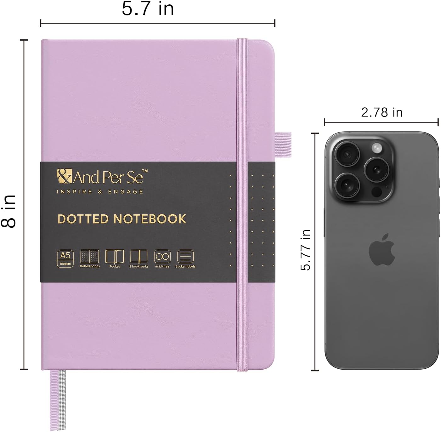&And Per Se Dotted Journal Notebook, A5 Hardcover Leather Bullet Dotted Journal, 160 Pages 100 gsm Thick Dotted Paper,3 Sheets of Stickers Included - 5.7'' x 8'' (Light lavender)