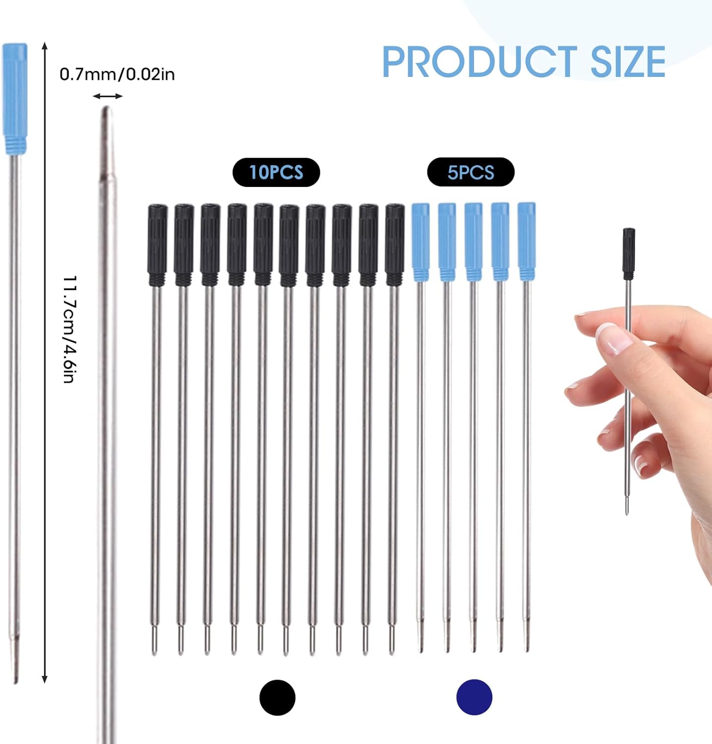 0.7 mm Ballpoint Ink Twist Pen Refills, 15 Pcs Medium Point Metal Smooth Writing Replaceable Ink Refill, Stationery Compatible for Cross Ballpoint Replacement (4.6in M) (Black+Blue, 15)
