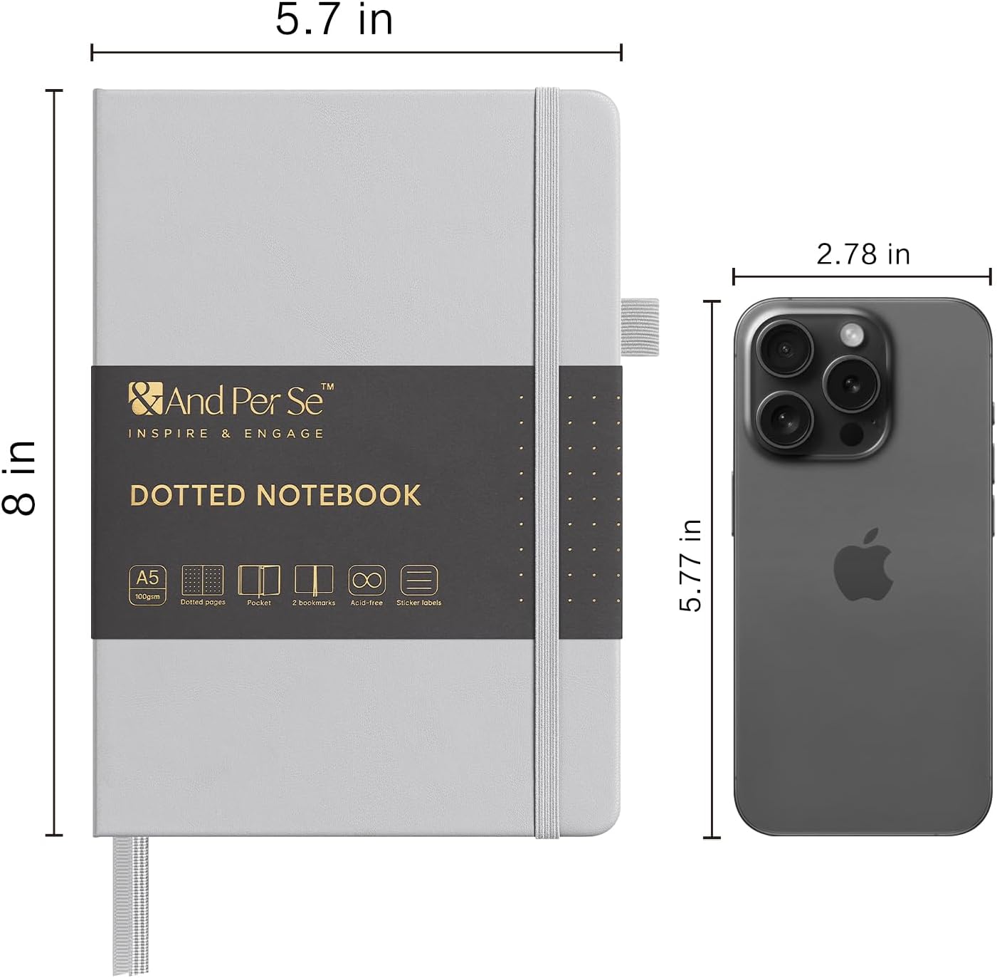 &And Per Se Dotted Journal Notebook, A5 Hardcover Leather Bullet Dotted Journal, 160 Pages 100 gsm Thick Dotted Paper,3 Sheets of Stickers Included - 5.7'' x 8''(Grey)