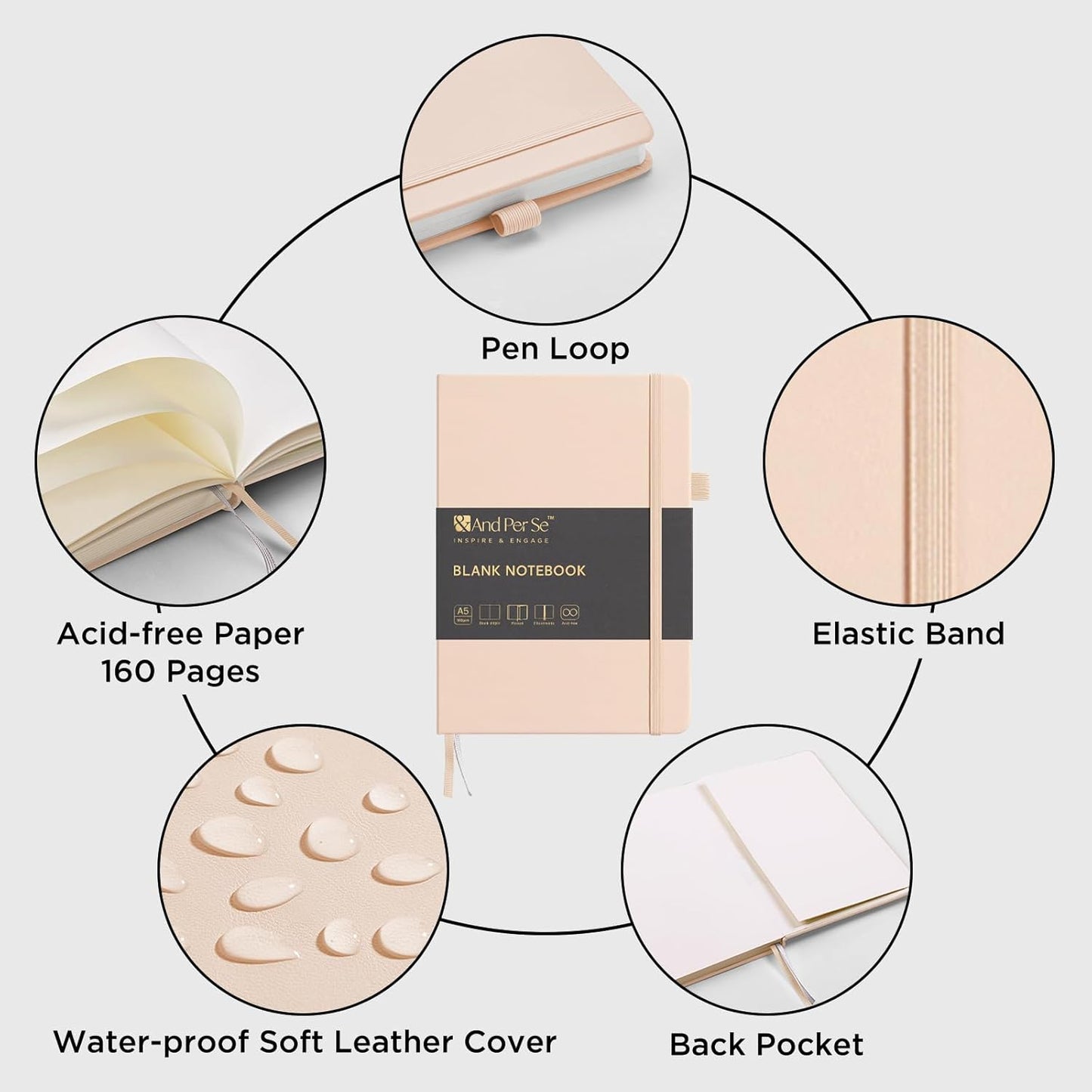 &And Per Se Blank Journal Notebook, 160 Pages, 5.7 x 8 inches College Ruled Thick Paper Notebook Journals for Writing, Hardcover Notebook(1 Pack, Light Apricot)