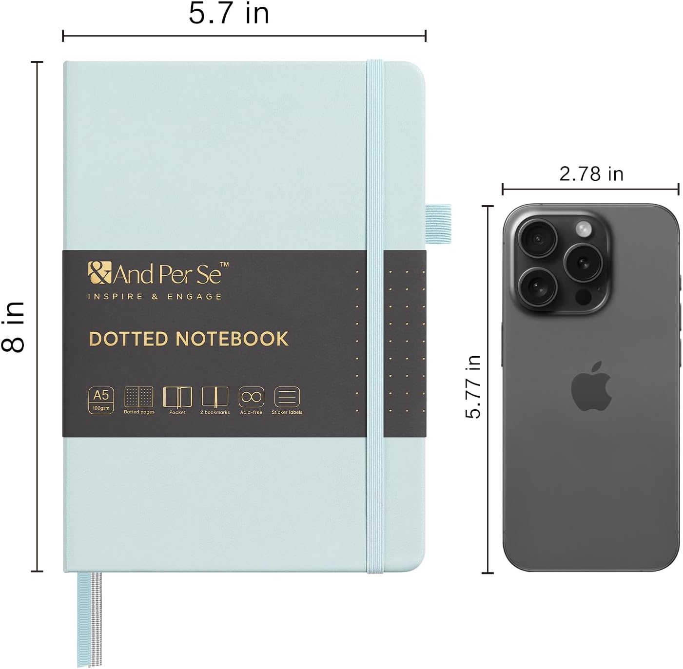 &And Per Se Dotted Journal Notebook, A5 Hardcover Leather Bullet Dotted Journal, 160 Pages 100 gsm Thick Dotted Paper,3 Sheets of Stickers Included - 5.7'' x 8''(Cyan)