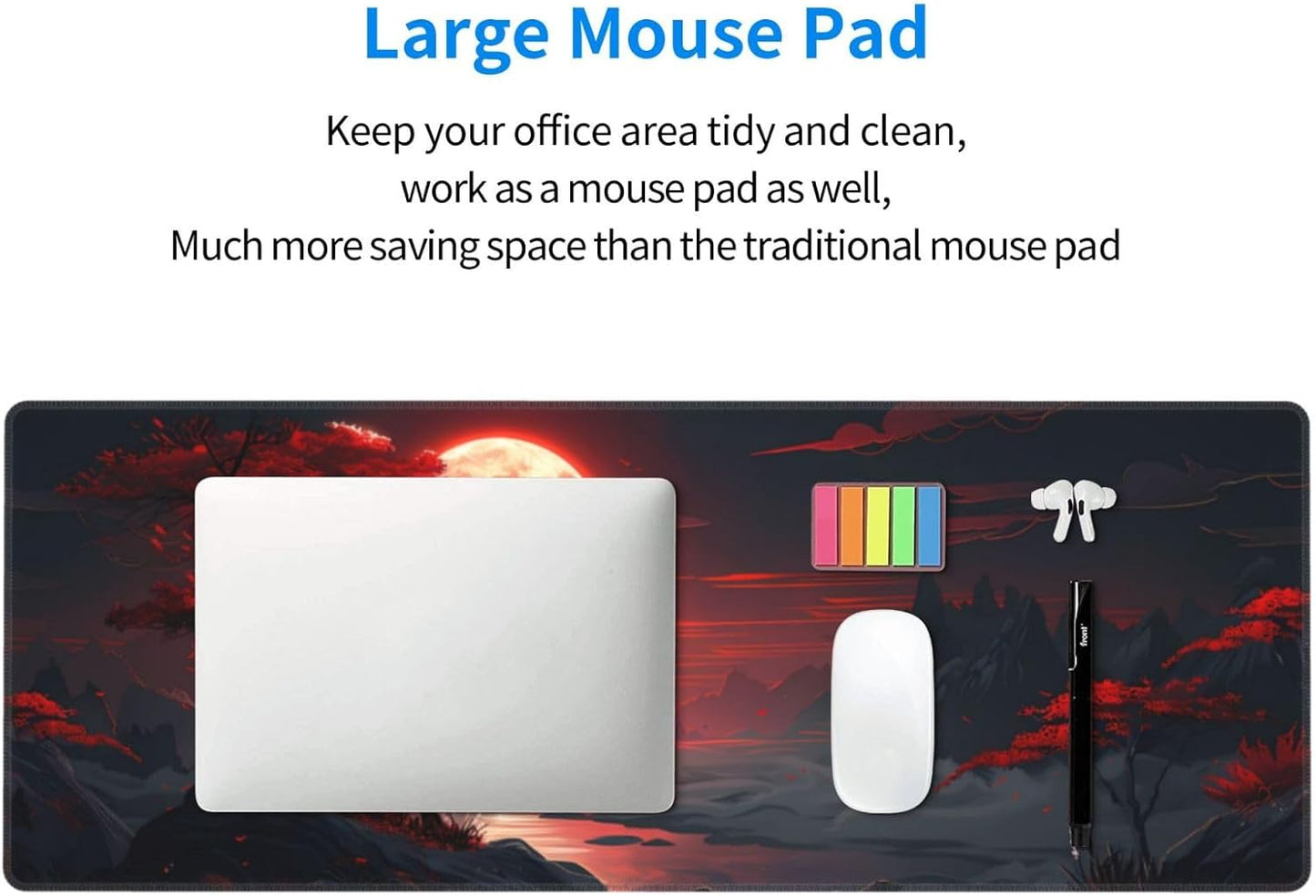 Gaming Mouse Pad Desk Pad,Extended Big Mouse Pad,31.5x11.8 Inch Long Computer Keyboard Mouse Mat Mousepad with 3mm Non-Slip Base and Stitched Edge for Gaming and Office⦠(Red Moon Canyon)