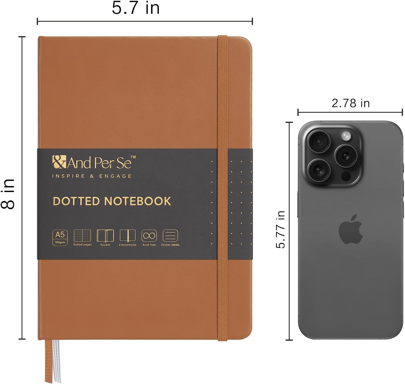 &And Per Se Dotted Journal Notebook, A5 Hardcover Leather Journal, 160 Pages 100 gsm Thick Dotted Paper,3 Sheets of Stickers Included - 5.7'' x 8''(Light Brown)