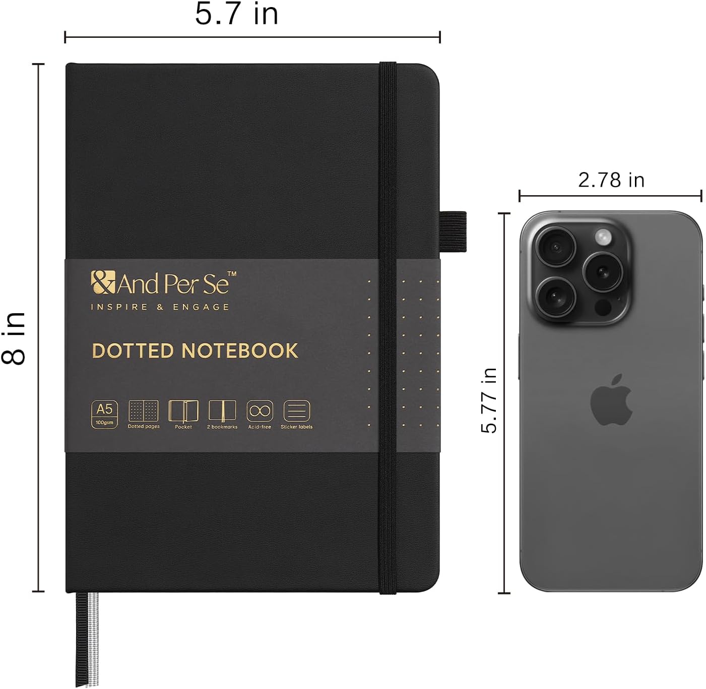 &And Per Se Dotted Journal Notebook, A5 Hardcover Leather Bullet Dotted Journal, 160 Pages 100 gsm Thick Dotted Paper,3 Sheets of Stickers Included (Black)