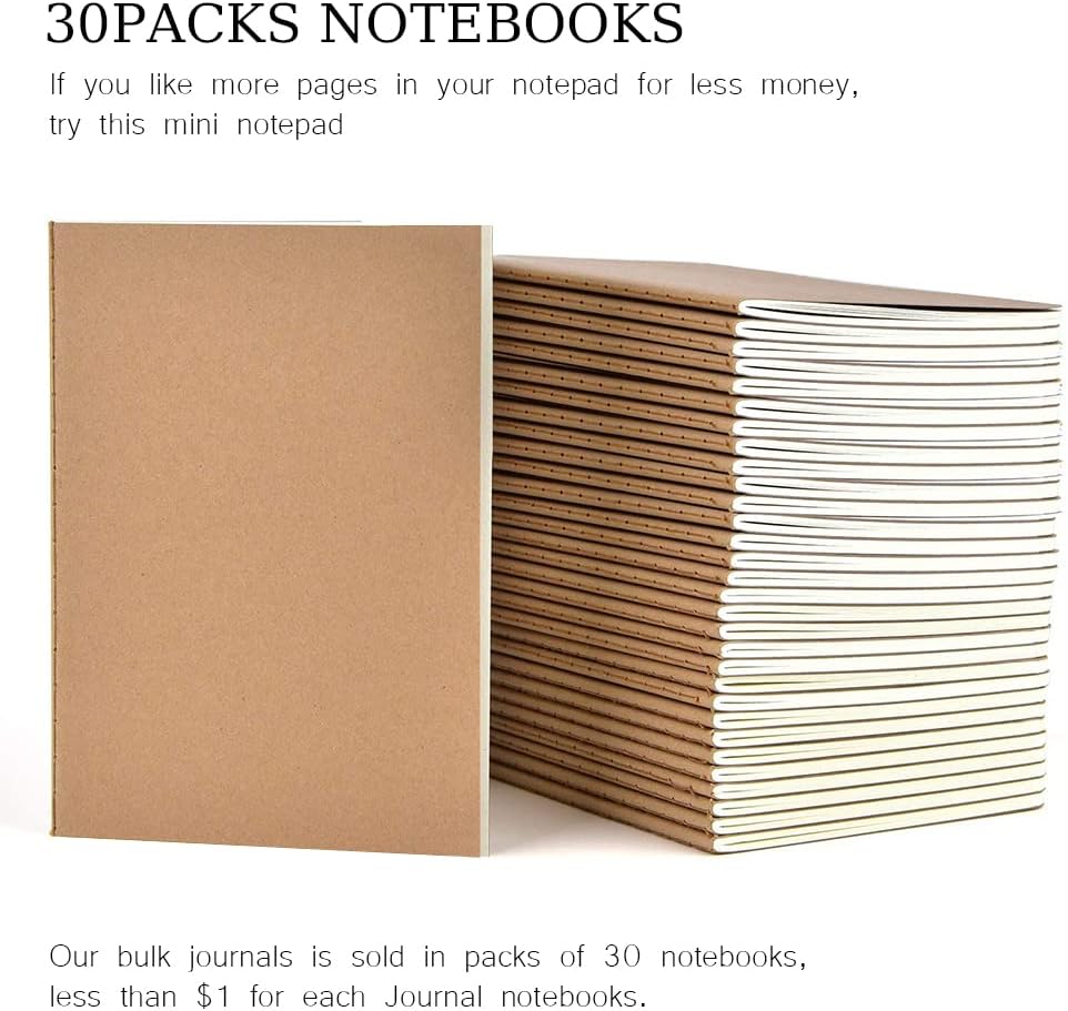 30 Pack A5 Blank Journal Notebook for Travelers, Student Gifts Office and School Supplies, Writing Journal Sketchbook Subject Notebooks Travel Journals Bulk, Kraft Paper, 80 Pages, 40 Sheets, 8.3x5.5