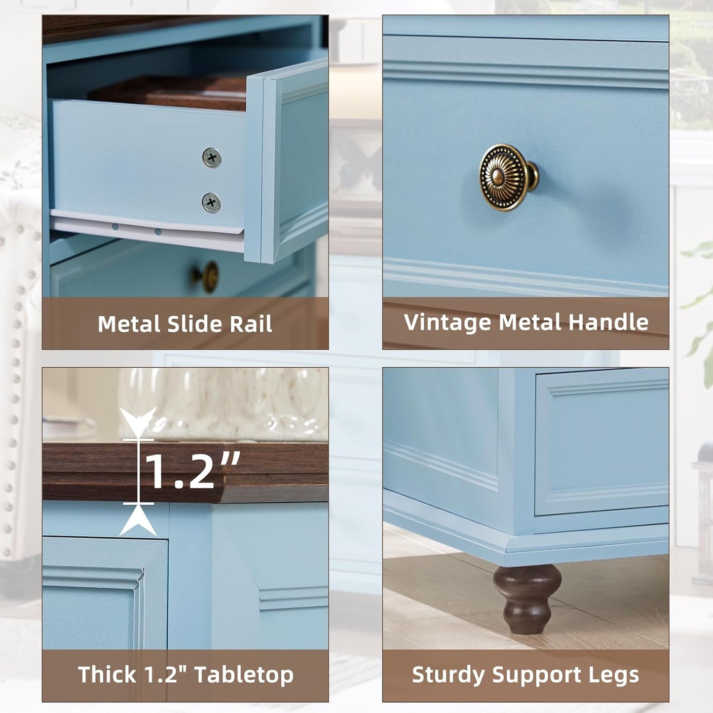 24" Wide Farmhouse Night Stand,Large End Table with 3 Drawers & Metal Handle,Light Blue Wood Dresser for Bedroom Cabinet, Bed Side Tabl·e Chest of Drawers,Nightstand for Living Room,Close