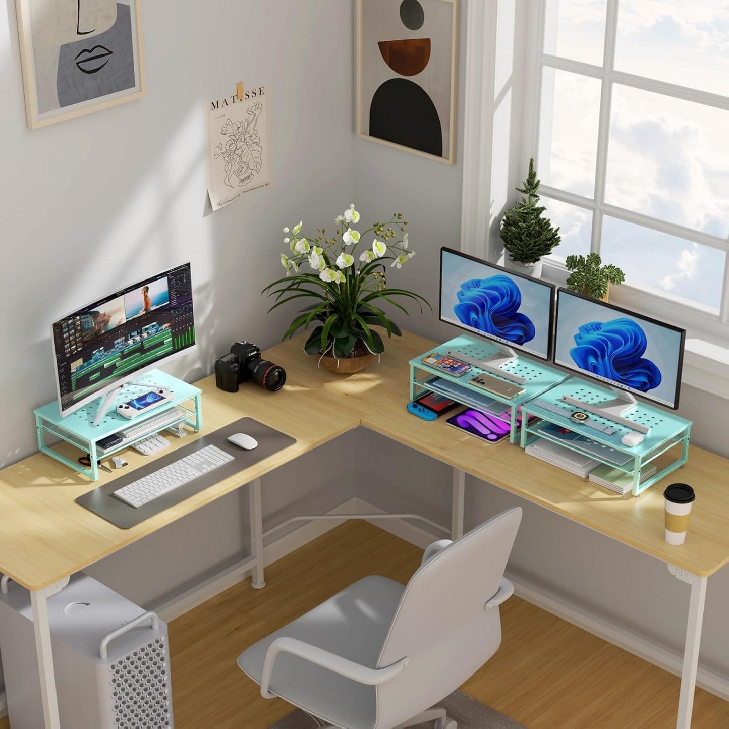 gianotter 2-Tier Metal Monitor Stand Riser, Desk Organizer for Monitor, Office Desk Storage Organizer for Office Supplies (Blue)