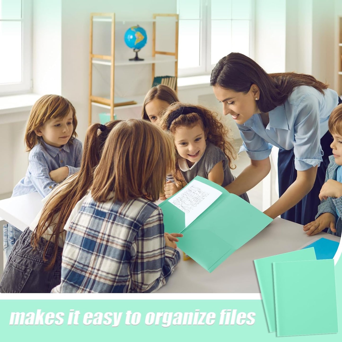 Gueevin 150 Pcs Plastic Folders with Pockets, Two Pocket Folder Fit 8.5 x 11 Inch Letter Size Paper, Heavy Duty School Folders Business Card Holder for Home Office School Bussiness (Light Green)