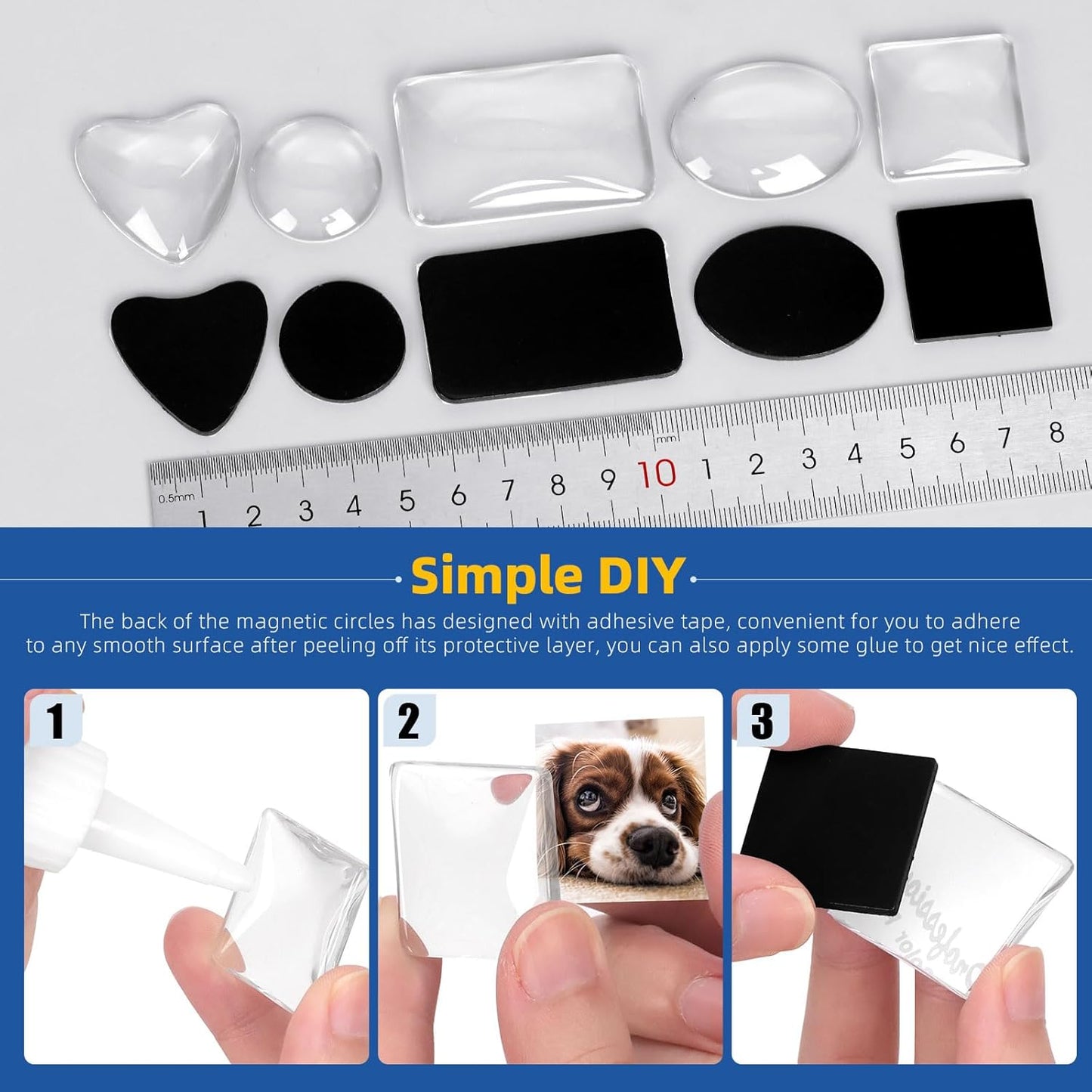 Glarks 72pcs Fridge Magnets Craft Set Round/Oval/Square/Heart/Rectangle Shape Ferrite Ceramic Magnets with Adhesive Backing and Transparent Glass Cabochons for Fridge Office Locker Whiteboard Making