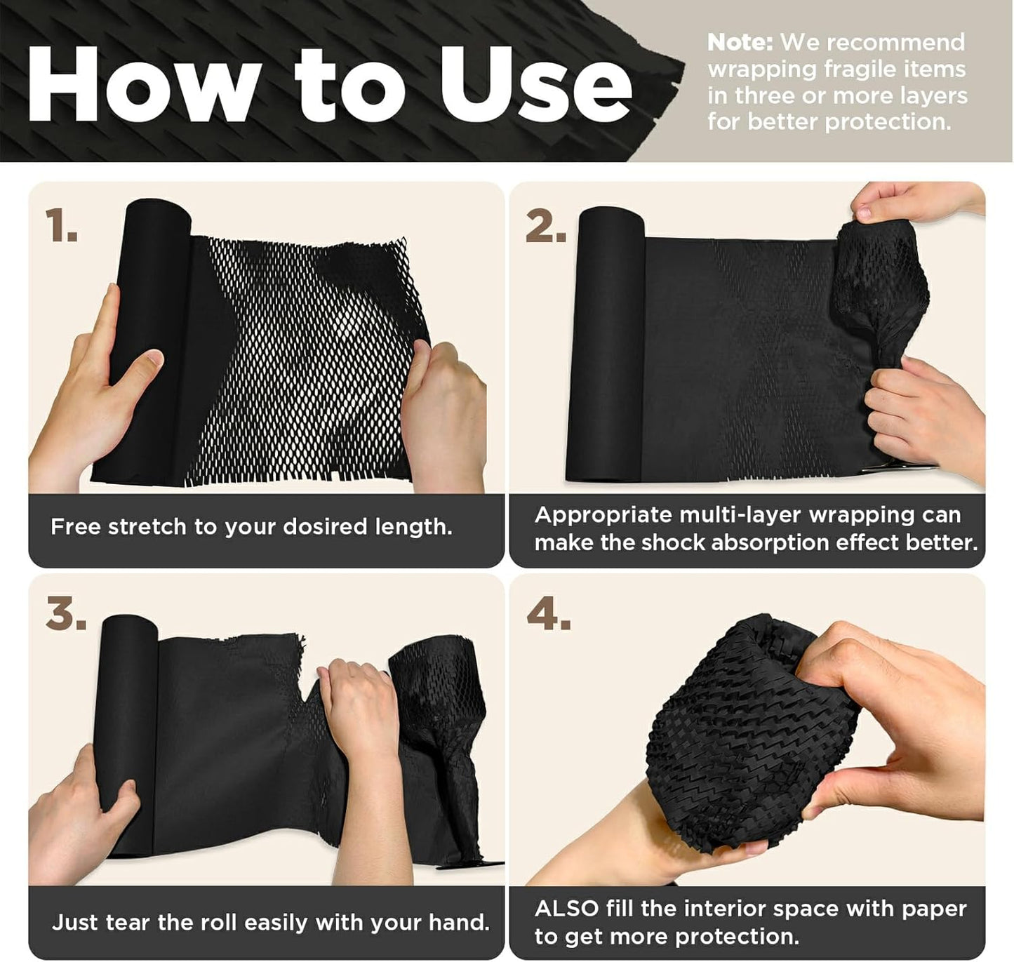 Honeycomb Packing Paper, 12"x300' Black | Perforated Honeycomb Packing Paper Recyclable Moving Supplies for Shipping & Moving | Plastic-Free Alternative to Bubble Cushion Wrap with 36 Fragile Stickers