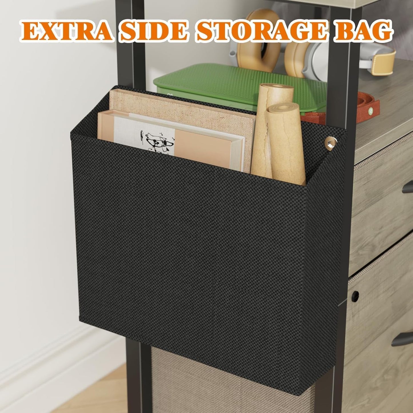 2 Drawer File Cabinet with 24'' Extended Desktop, Mobile Filing Cabinet, Rolling File Cabinet with Side Bag, Fabric Drawer, Fits A4 Size, Home Office, Oak Grey