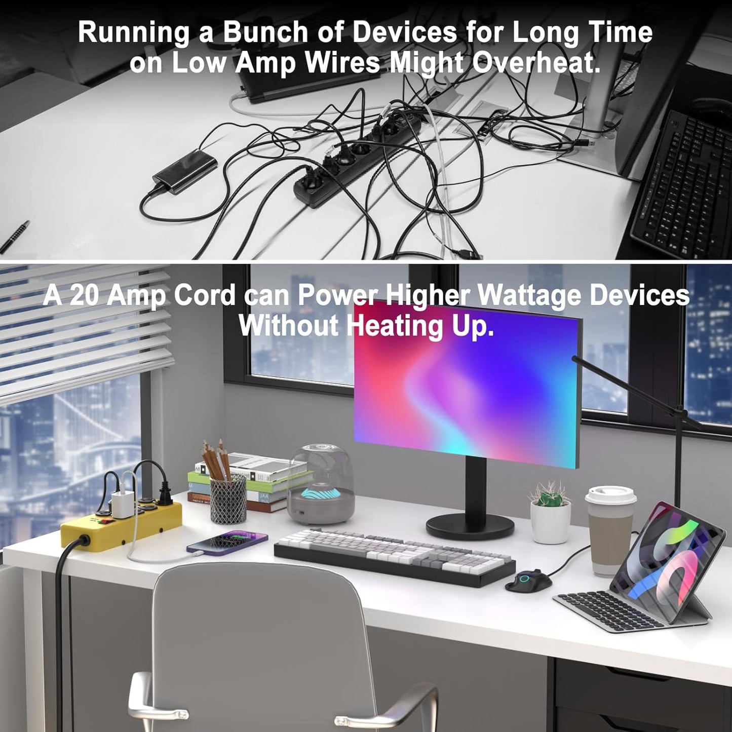 HEZI 20A Power Strip Surge Protector Durable Metal 8-Outlet with Heavy Duty 20 Amp Extension Cord, 12 Gauge for Garage,Workshop & Industrial Use with 6-20R T-Slot Outlets,4800J(Yellow,10FT)