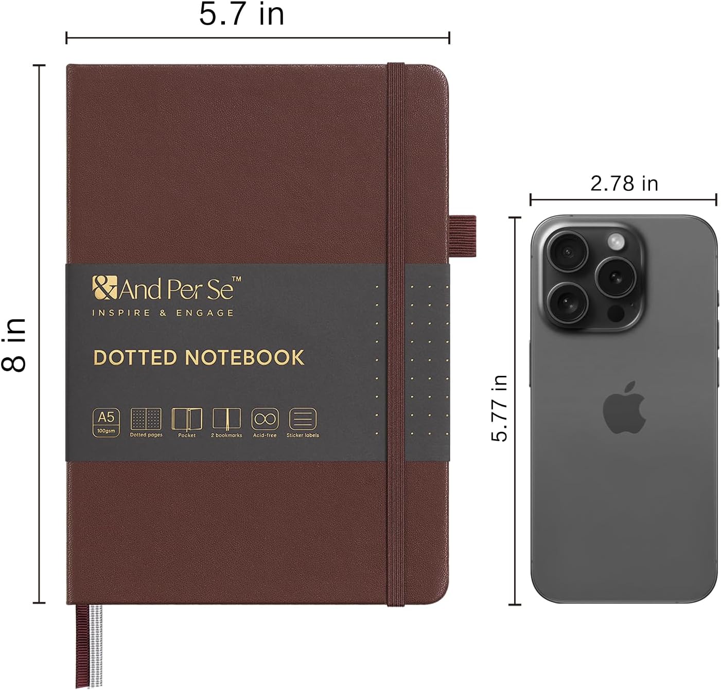 &And Per Se Dotted Journal Notebook, A5 Hardcover Bullet Dotted Journal, 160 Pages 100 gsm Thick Dotted Paper, 3 Sheets of Stickers Included - 5.7'' x 8''(Chocolate)