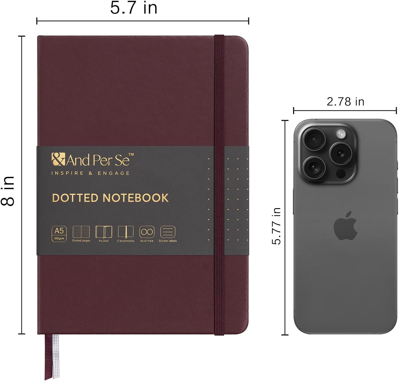 &And Per Se Dotted Journal Notebook, A5 Hardcover Leather Bullet Dotted Journal, 160 Pages 100 gsm Thick Paper,3 Sheets of Stickers Included - 5.7'' x 8''(Dark Red)