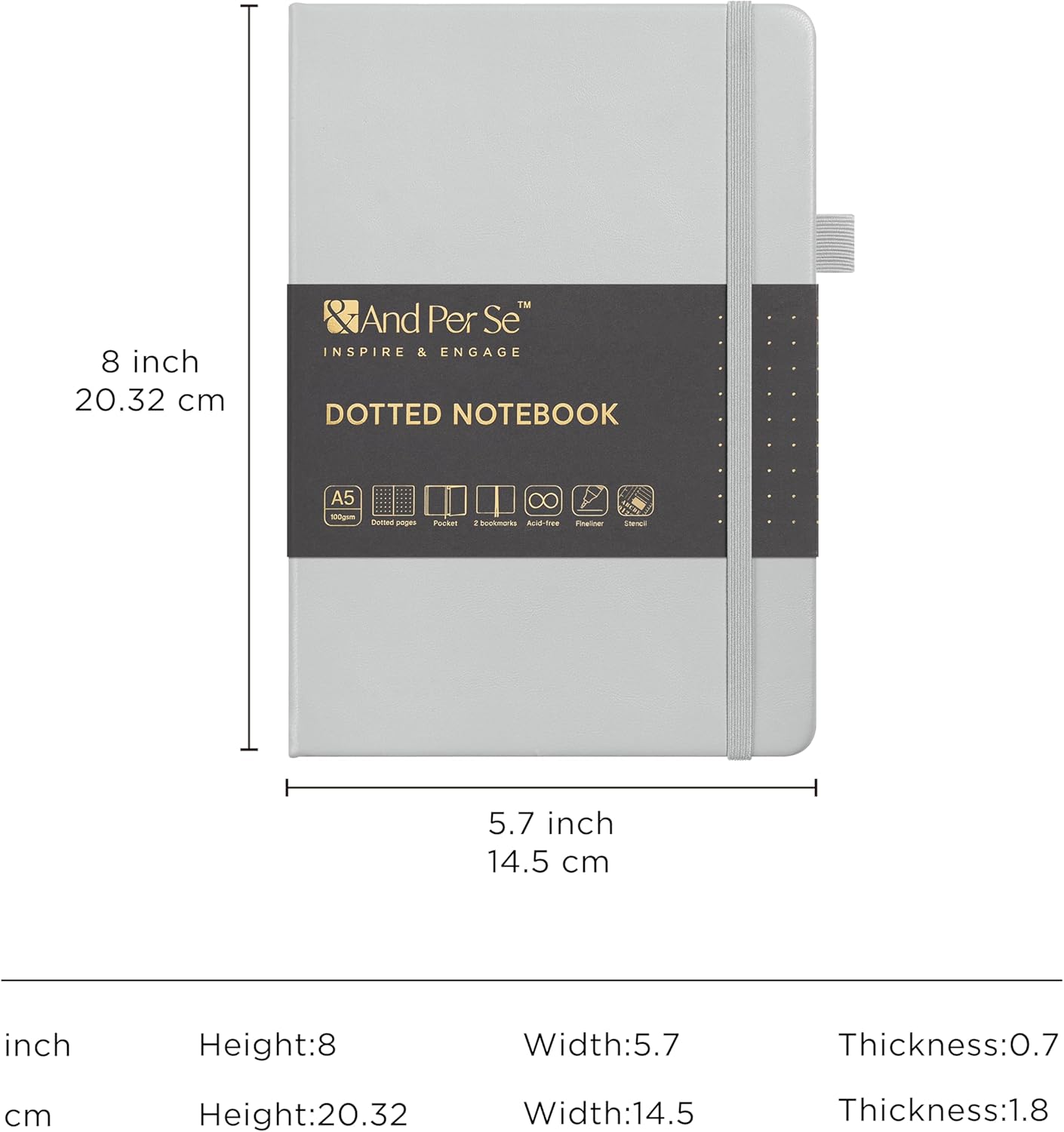 &And Per Se Bullet Dotted Journal Notebook, A5 Leather Hardcover, 176 Numbered Pages 100GSM Thick Dotted Paper, 2 Sheets of Stencils Included - 5.7'' x 8'' (Grey)