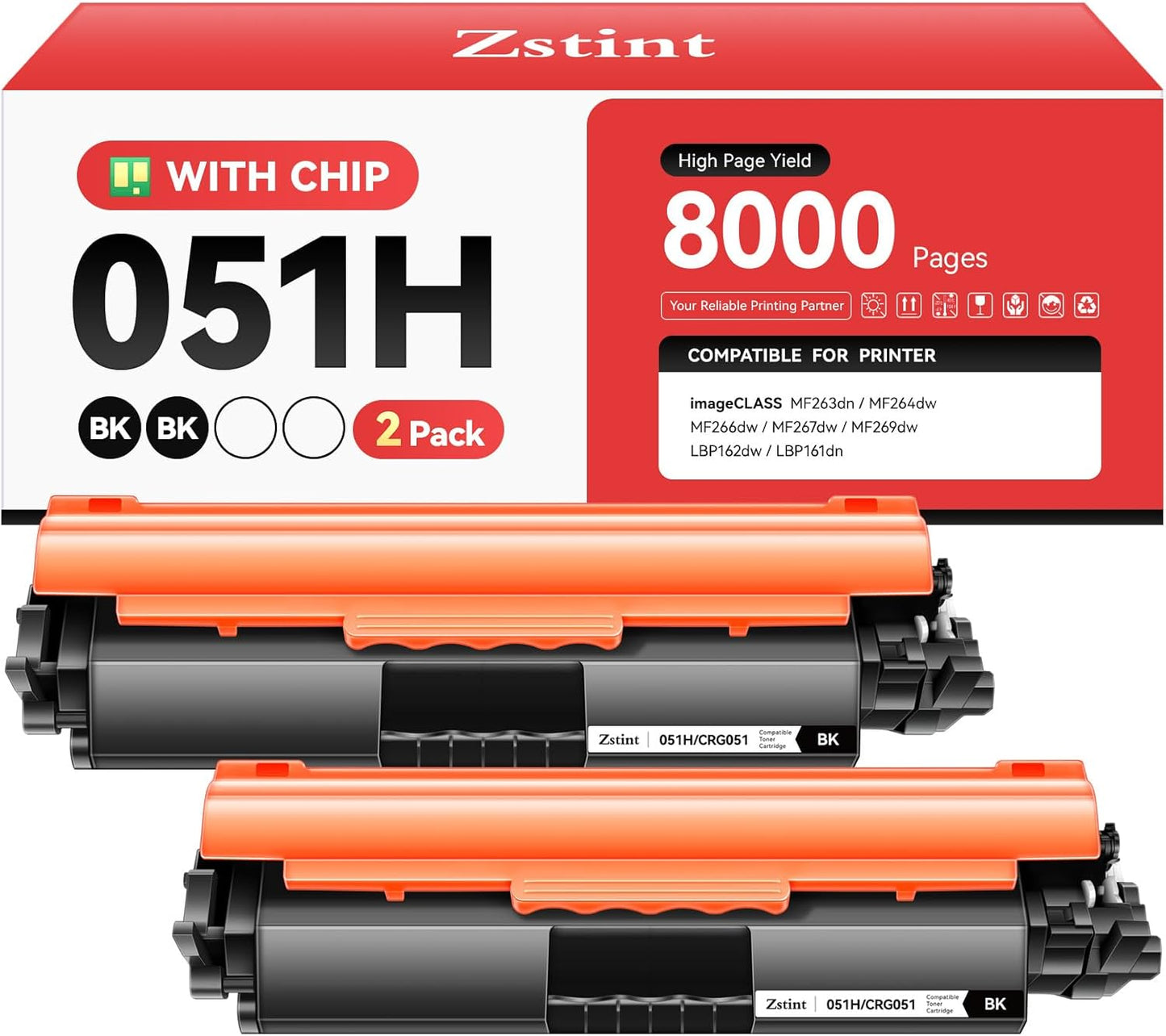051H Toner Cartridge 2-Pack High Yield with Chip Replacement for Canon 051H 051 CRG-051H Toner Compatible with Canon imageCLASS MF263dn MF264dw MF266dw MF267dw MF269dw LBP162dw LBP161dn Printer Black