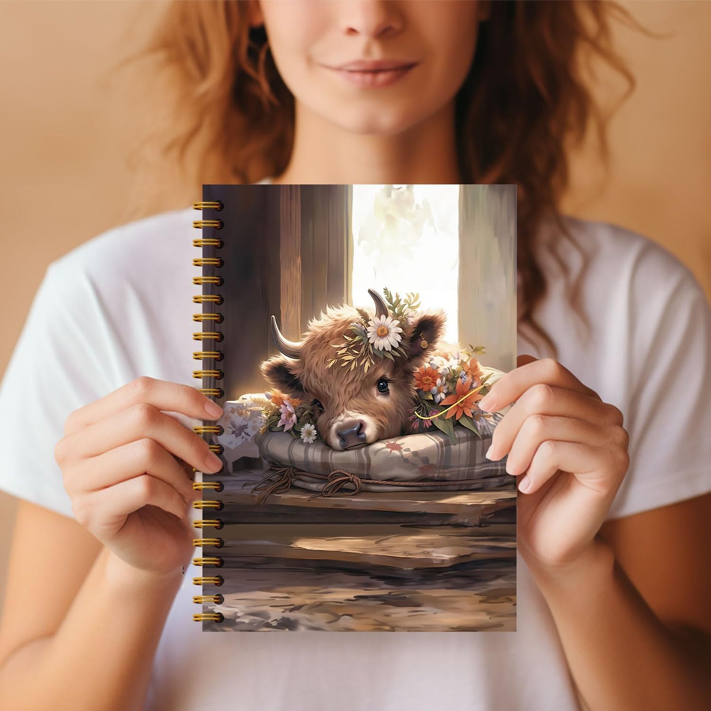 Guymn Highland Cow Notebook, Floral Highland Cow Journal for Writing, Farmhouse Rustic Floral Heifer Hardcover Spiral Notebooks 5.5x8.3 Inch