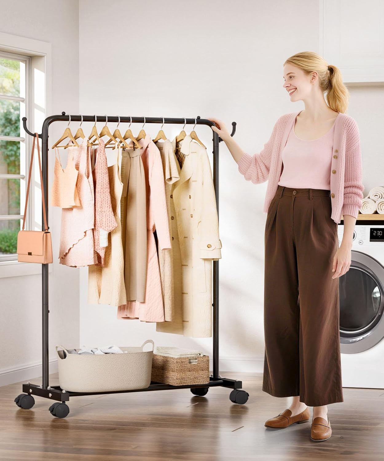 Homde Heavy Duty Clothes Rack: 120lb Standing Garment Storage for Indoor - Rolling Hanging Rod for Bedroom Laundry Room - Coat Dress Organizer on Wheels with luggage shelf (Black,32")