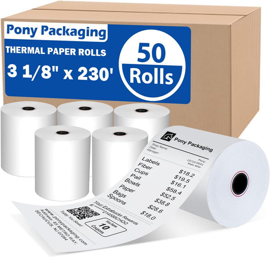(50 Rolls) 3 1/8 x 230 Thermal Paper Receipt Rolls (48 GSM Premium Quality) Fits All POS Cash Registers BPA Free