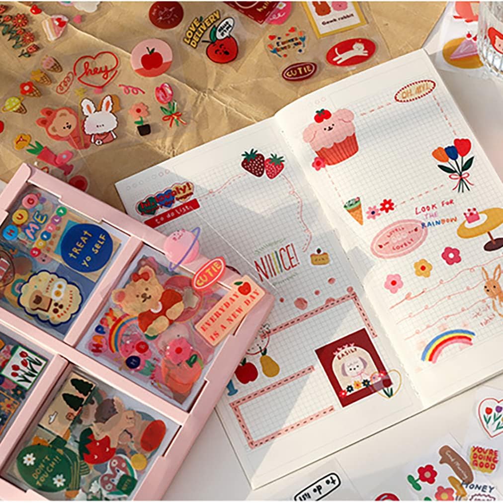 100 Sheets Kawaii Sticker Set, Doraking Cute Cartoon Stickers Transparent Decorative Stickers Decal Pack for Phone Cases Laptops Art DIY Crafts Album Bullet Journals Planner Scrapbook