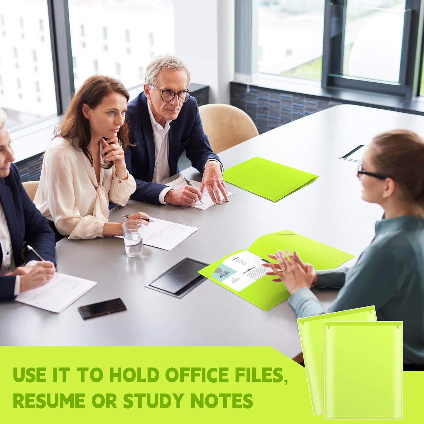 Henoyso 60 Pcs Plastic Folders with Clear Front Pockets Heavy Duty File Folders with 2 Pockets and Card Slot for Student Communication School Office Presentation Report (Fluorescent Green)