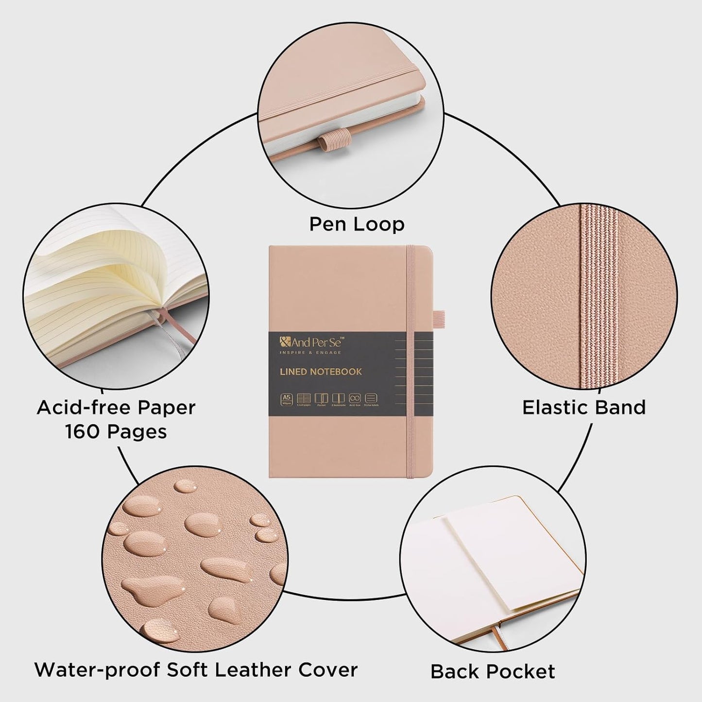 &And Per Se Lined Journal Notebook, 160 Pages, A5 5.7 x 8 inches College Ruled Thick Paper Notebook Journals for Writing, Hardcover Notebooks for Women Men Office School (1 Pack, Apricot)