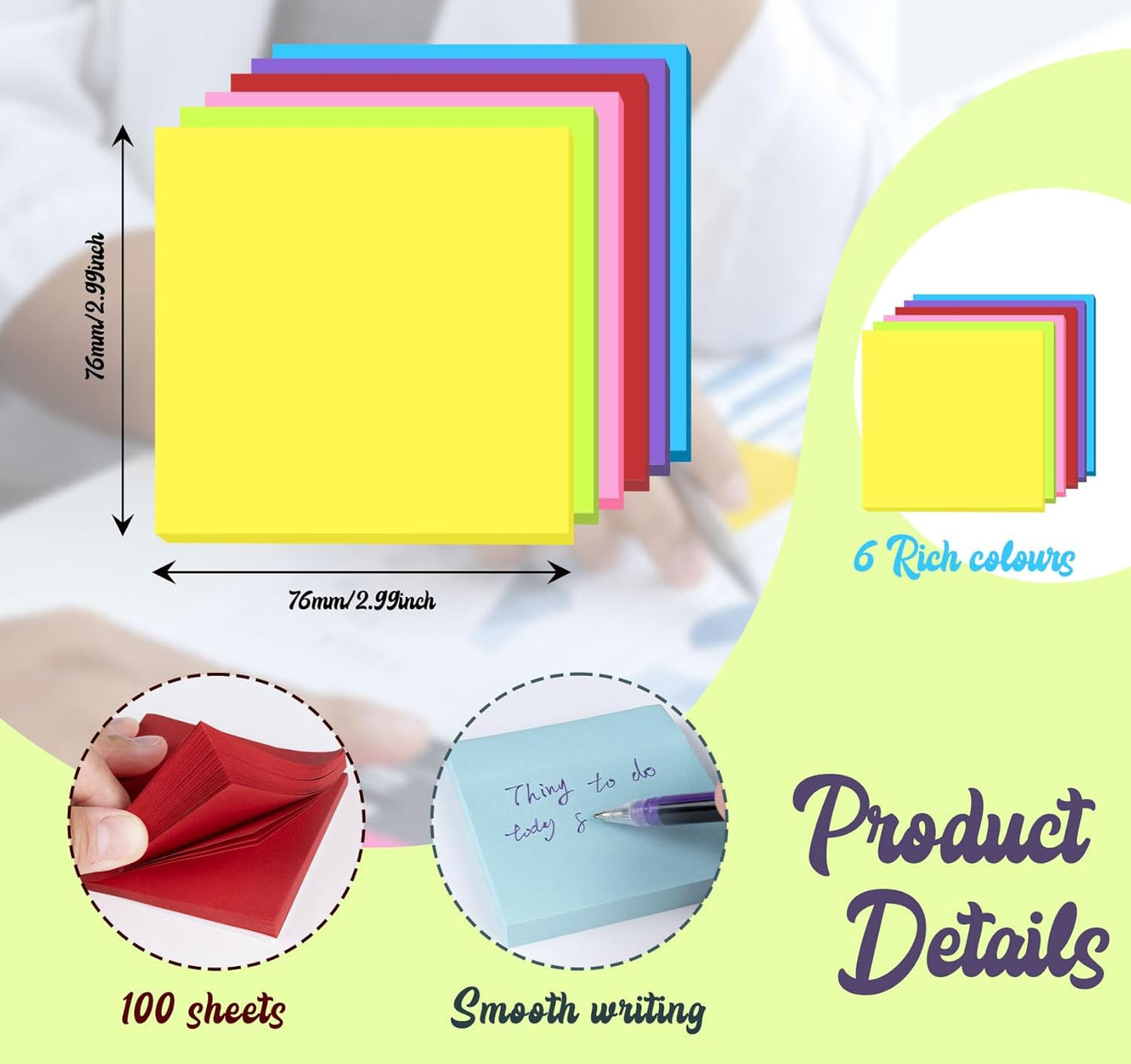 (6 Pack) Sticky Notes Pads,600 Super Adhesive Sticky Notes,3 x 3 Self Sticky Pads,600 Sheets Bulk Notepads,6 Colors Notes Post,Bright Colors Sticky Notepads Easy to Post for Office,Home,School