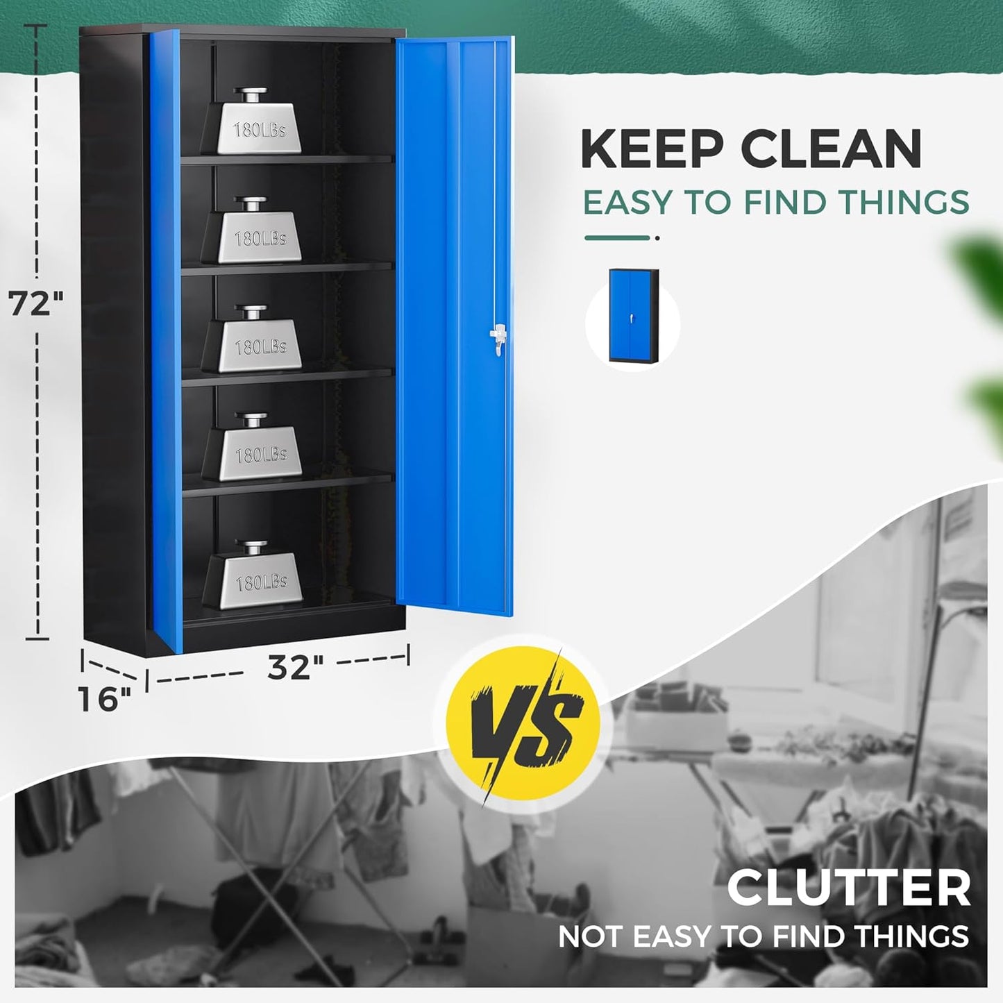 Greenvelly Metal Garage Storage Cabinet, 72" Tall Steel Storage Cabinets with 2 Doors and 4 Adjustable Shelves, Metal Tool Cabinets, Locking File Cabinet for Home Office, Garage, School (Black Blue)