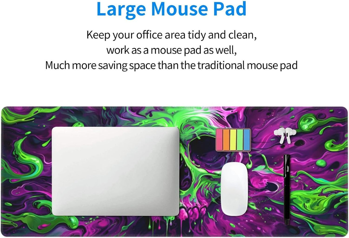 Gaming Mouse Pad Desk Pad,Extended Big Mouse Pad,31.5x11.8 Inch Long Computer Keyboard Mouse Mat Mousepad with 3mm Non-Slip Base and Stitched Edge for Gaming and Office⦠(Watercolor Skull 2)
