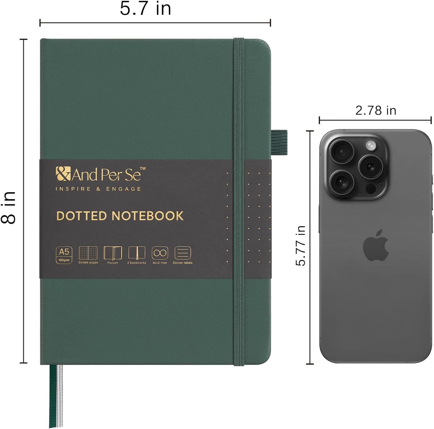 &And Per Se Dotted Journal Notebook, A5 Hardcover Leather Journal, 160 Pages 100 gsm Thick Dotted Paper,3 Sheets of Stickers Included - 5.7'' x 8''(Green)