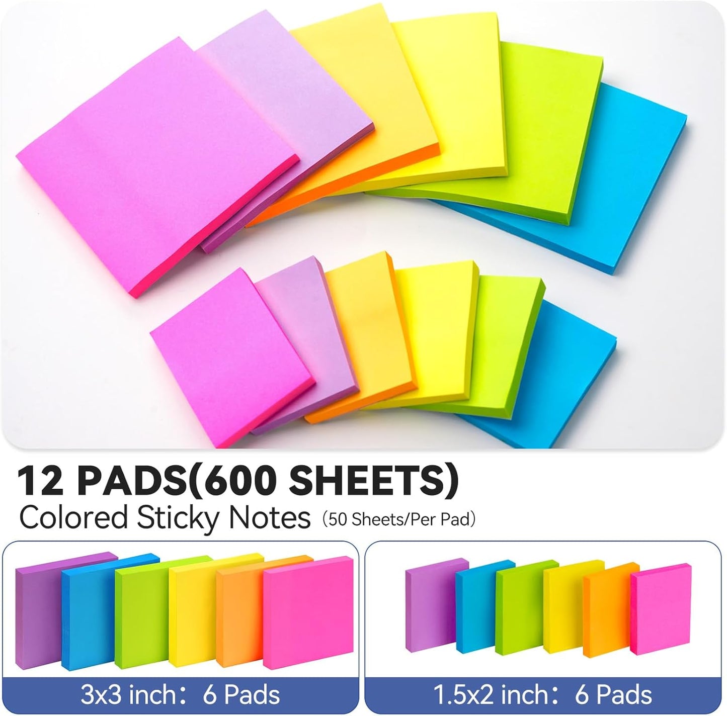 (12 Pack) Sticky Notes 3x3 + 1.5x2 in Small Sticky Note, Self-Sticky Note Pads | Sticks Strong & Removes Clean | Recycled Paper Cute Sticky Notes to School Supplies, Office Products, 6 Colors