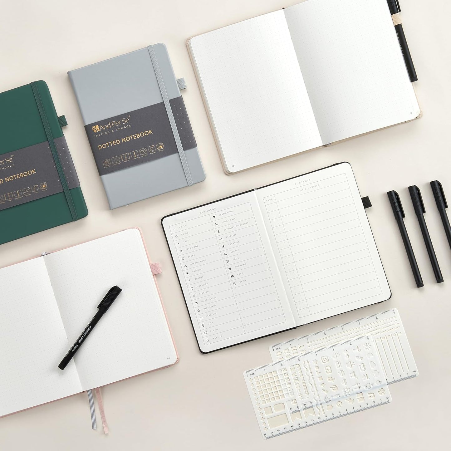 &And Per Se Bullet Dotted Journal Notebook, A5 Leather Hardcover, 176 Numbered Pages 100GSM Thick Dotted Paper, 2 Sheets of Stencils Included - 5.7'' x 8'' (Lavender)