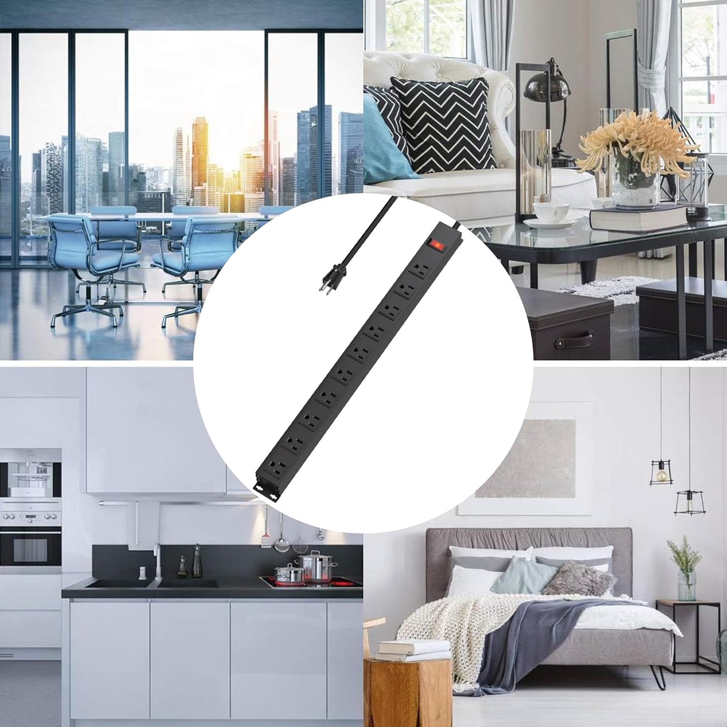 10 Outlet Metal Power Strip,8FT Long Extension Cord Heavy Duty for Kitchen,Office,School,Commercial,Workshop,Industrial,ETL Certified and Listed Socket,1825W/125V/15A,Black(8FT)