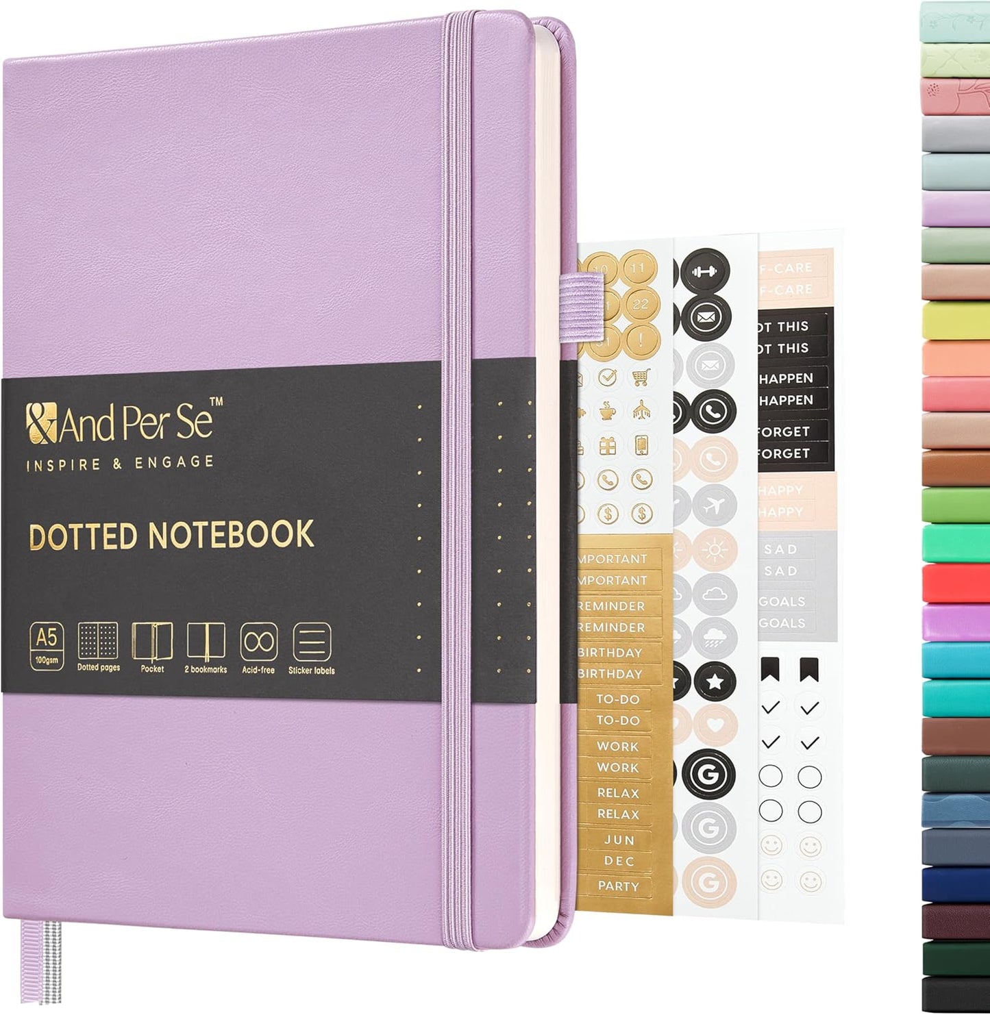 &And Per Se Dotted Journal Notebook, A5 Hardcover Leather Bullet Dotted Journal, 160 Pages 100 gsm Thick Dotted Paper,3 Sheets of Stickers Included - 5.7'' x 8'' (Light lavender)