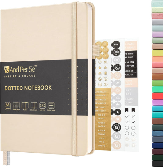 &And Per Se Dotted Journal Notebook, A5 Hardcover Leather Bullet Dotted Journal, 160 Pages 100 gsm Thick Dotted Paper,3 Stickers Included for Women Men, Work Office or School - 5.7'' x 8.3'' (Light