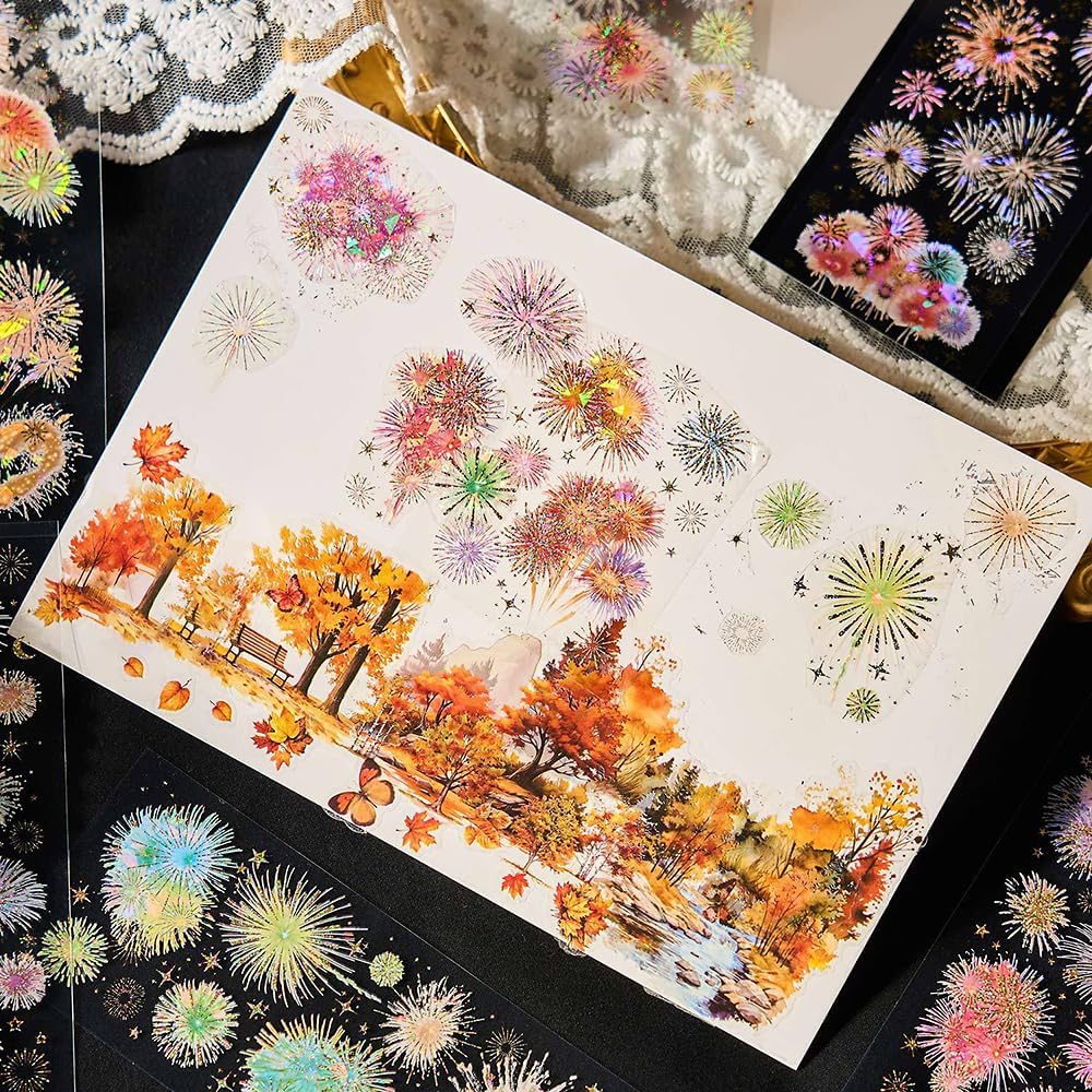 12 Sheets Fireworks Landscape Stickers for Scrapbooking Scrapbook Stickers Aesthetic Glitter Sticker Sets PET Transparent Sticker for Journaling Journal Supplies Decals for Scarp Booking Supples Kit