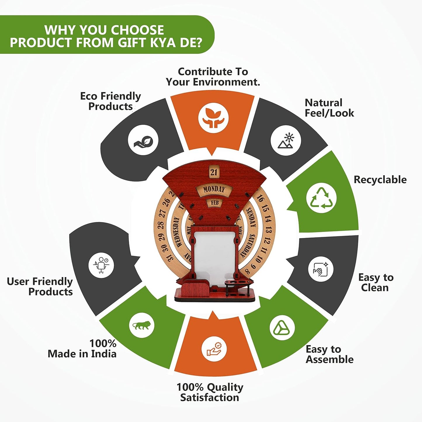 GKD Wooden Desk/Table Calendar to Lifetime Infinite Calendar 2025 with Desk Organizer and Photo Frame for Office/Home (Red)