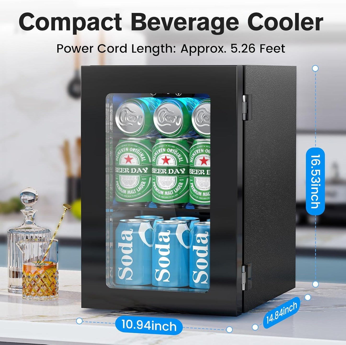 24 Cans Beverage Refrigerator Cooler, Mini Fridge Countertop Drink Cooler for Soda, Canned Beer, Adjustable Digital Temperature Control for Home Dorm Office, Black
