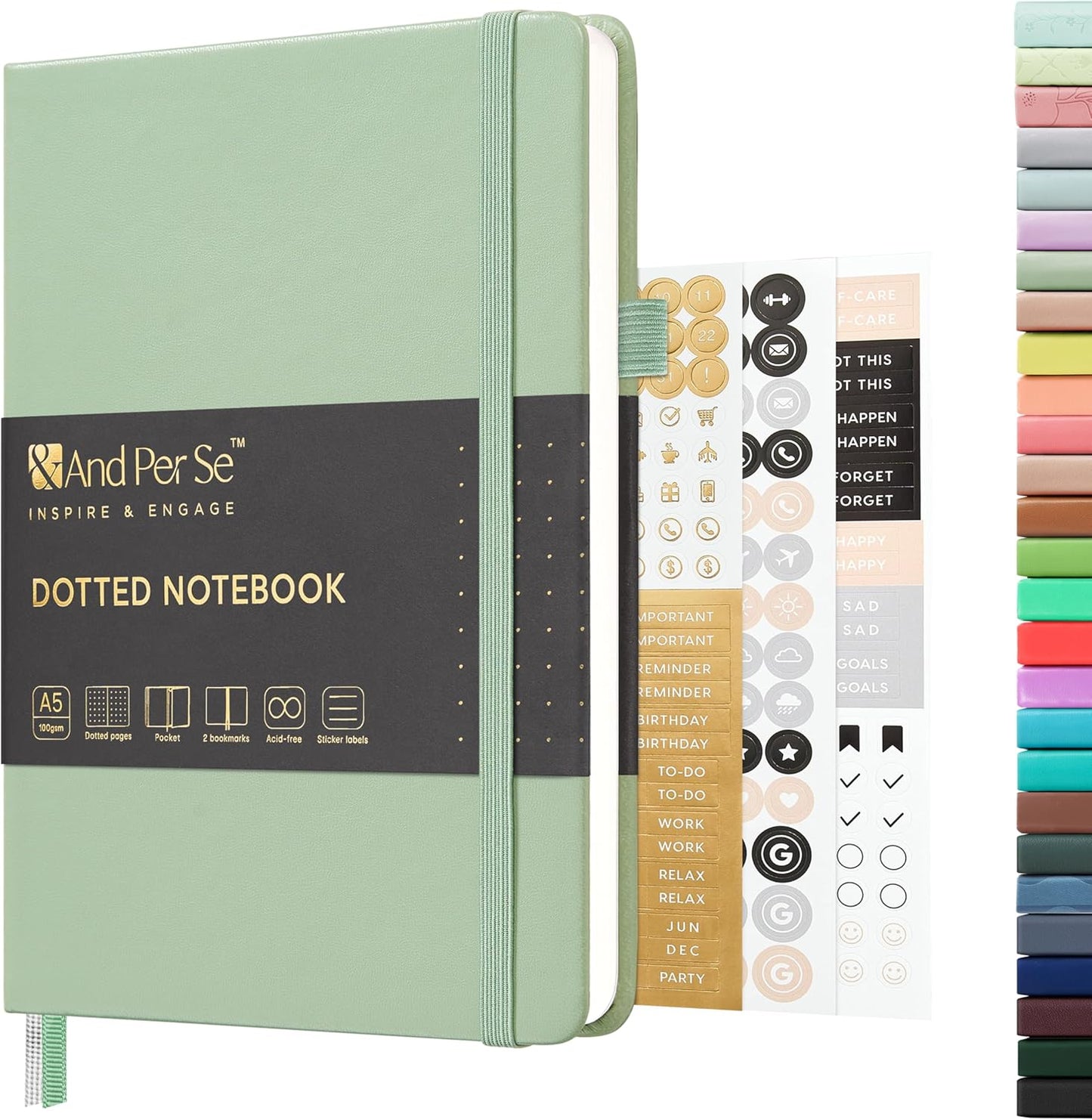 &And Per Se Dotted Journal Notebook, A5 Hardcover Leather Bullet Dotted Journal, 160 Pages 100 gsm Thick Dotted Paper,3 Sheets of Stickers Included - 5.7'' x 8''(Light Green)