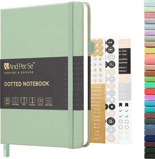 &And Per Se Dotted Journal Notebook, A5 Hardcover Leather Bullet Dotted Journal, 160 Pages 100 gsm Thick Dotted Paper,3 Sheets of Stickers Included - 5.7'' x 8''(Light Green)
