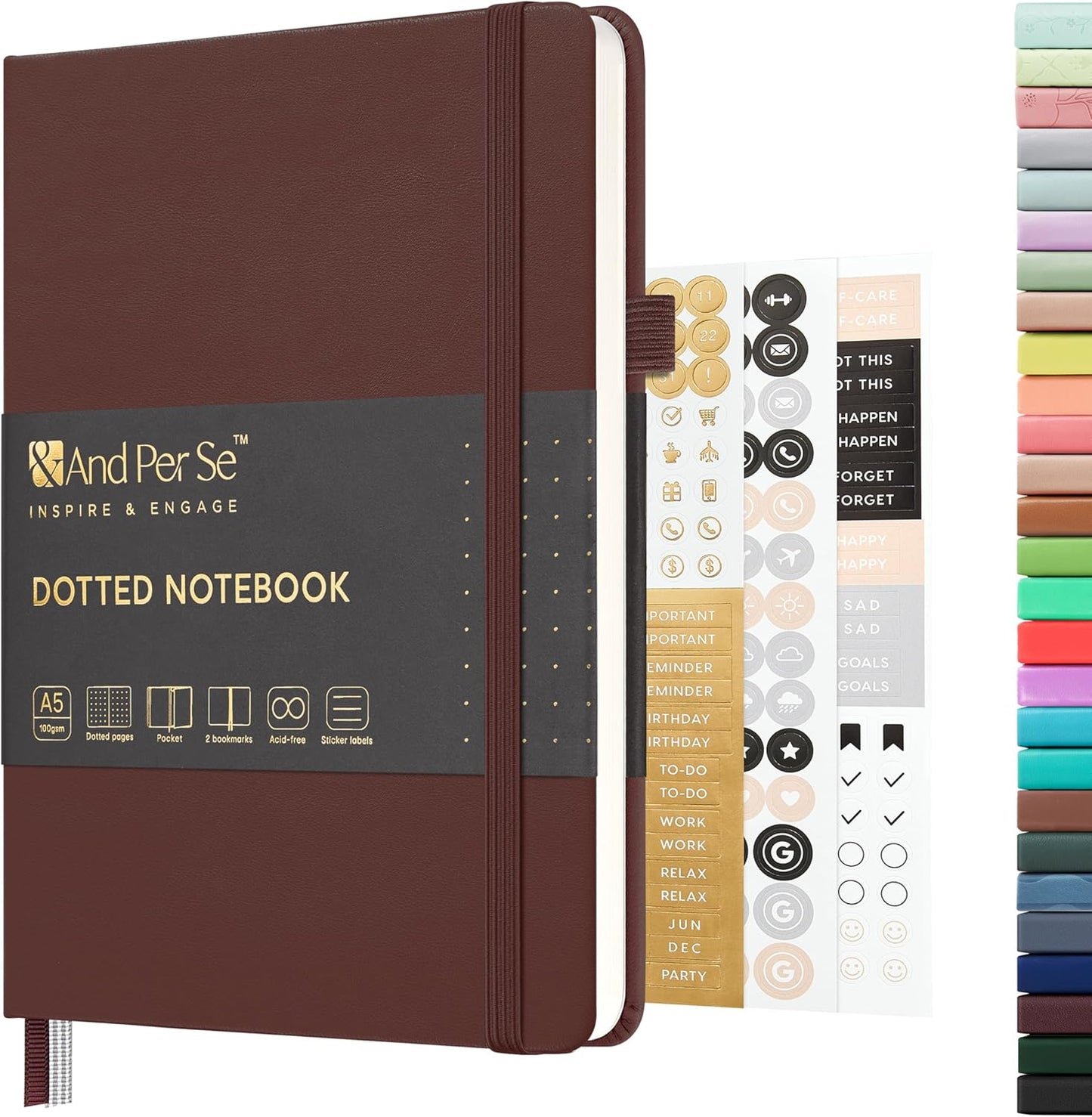 &And Per Se Dotted Journal Notebook, A5 Hardcover Bullet Dotted Journal, 160 Pages 100 gsm Thick Dotted Paper, 3 Sheets of Stickers Included - 5.7'' x 8''(Chocolate)