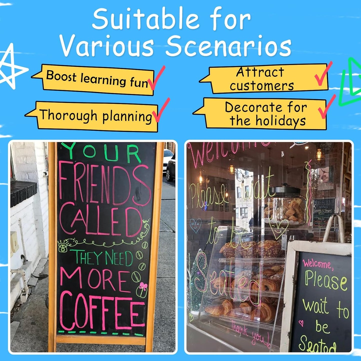 12 Liquid Chalk Markers for Blackboard Washable, 6MM Chalkboard Markers for Whiteboard, Window, Glass, Mirror, Car, Non-Toxic Chalk Pens for Back to School, Office & Home Use